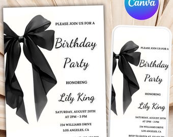 Black Bow Birthday Invitation Template: Minimalist Coquette Invite (Digital Download)
