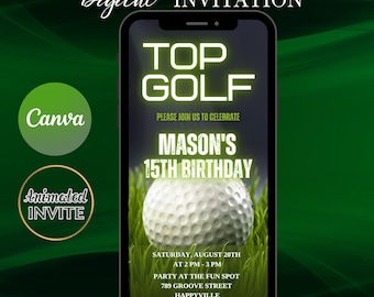 May include: A digital invitation for a 15th birthday party with a golf theme. The invitation features a golf ball, green grass, and the text "Top Golf" in green and white. The text "Mason's 15th Birthday" is also included, along with the date, time, and location of the party.