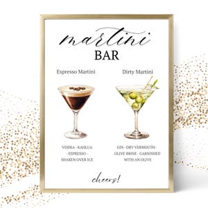 Signalétique du bar à martini. Modèle d'enseigne Martini Signature Bar à boissons. Carte du bar à cocktails. Décoration de fête Tini Bit Older imprimable.