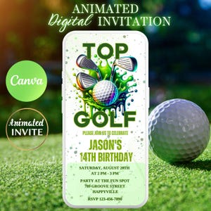 Könnte beinhalten: Eine digitale Einladung zu einer 14. Geburtstagsfeier mit Golf-Thema. Die Einladung zeigt einen grün-weißen Golfball mit Golfschlägern und grünen Spritzern. Der Text lautet "Top Golf, Bitte feiern Sie mit uns Jasons 14. Geburtstag, Samstag, 20. August von 14:00 bis 15:00 Uhr, Party im Fun Spot, 789 Groove Street, Happyville, RSVP 123-456-7890".