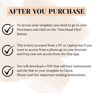 K&ouml;nnte beinhalten: Grafik mit dem Text "AFTER YOU PURCHASE" in einem beigen Banner. Darunter Anweisungen, wie man nach dem Kauf auf eine Vorlage zugreift, einschlie&szlig;lich des Herunterladens von Dateien und des Zugriffs &uuml;ber PC, Laptop oder Browser auf einem Telefon.