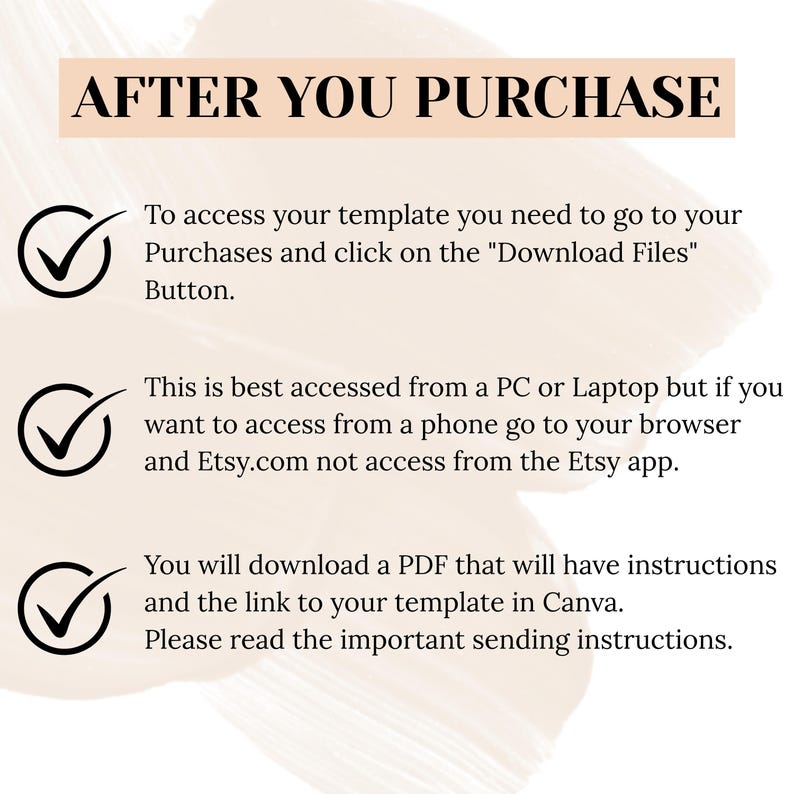 K&ouml;nnte beinhalten: Grafik mit dem Text "AFTER YOU PURCHASE" in einem beigen Banner. Darunter Anweisungen, wie man nach dem Kauf auf eine Vorlage zugreift, einschlie&szlig;lich des Herunterladens von Dateien und des Zugriffs &uuml;ber PC, Laptop oder Browser auf einem Telefon.