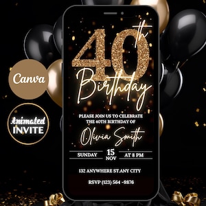 Convite de vídeo para festa de aniversário de 40 anos digital, cartão eletrônico de convite glamoroso de 40 anos, Evite animado de diamante preto dourado e prateado, cartão eletrônico de modelo autoeditável