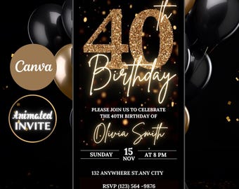 Digital 40th Birthday Party Video Invitation: Black, Gold, Silver (Self-Editable Template)
