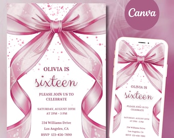 May include: Pink and white invitation with a large pink bow and the text "Olivia is sixteen. Please join us to celebrate. Saturday, August 20th at 2pm-3pm. 234 Williams Drive, Los Angeles, CA. RSVP 123-456-7890".