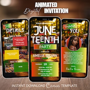 May include: Three smartphone screens displaying a Juneteenth party invitation template. The design features a red, yellow, and green gradient background with white text. The screens show event details, a host name, and a thank you message.