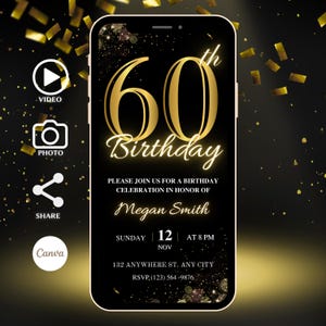 Digital 60th Birthday Party Invitation, Animated Black Gold Dinner Invite For Women, Brunch Evite For Her, Self Editable DIY Template eCard