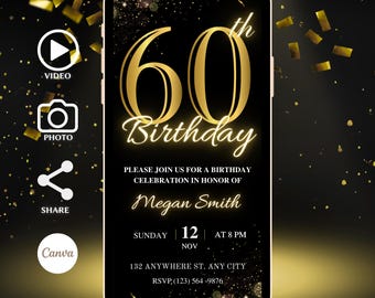 Animated 60th Birthday Invitation: Black & Gold Dinner, Brunch Evite (DIY Template)