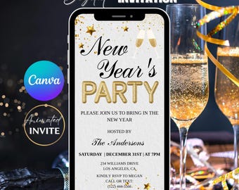 May include: A digital New Year's Party invitation displayed on a smartphone. The invitation features gold text and stars against a white background. Two champagne flutes are visible, with gold streamers in the background. The Canva and Animated Invite logos are also present.