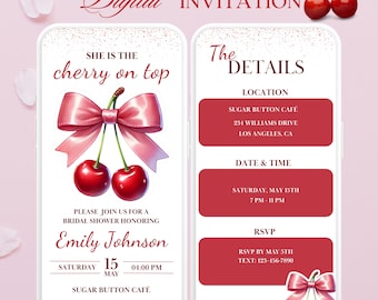 Cherry On Top Bridal Shower Invitation, Cherry Theme Bridal Shower Invitations, Pink Bow Bridal Shower, Cute Cherry Downloadable Invite