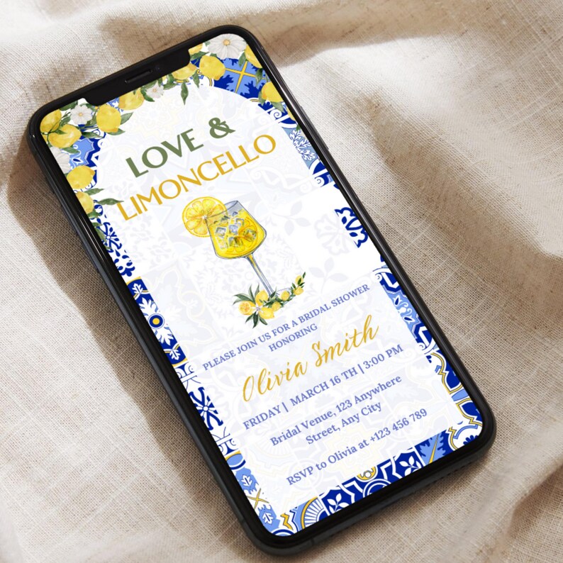 May include: A digital invitation for a bridal shower with a blue and white tiled background. The invitation features a glass of limoncello with lemons and a floral design. The text reads "Love & Limoncello" and "Olivia Smith".