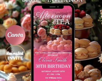 Floral Afternoon Tea Birthday Invitation: Pink Vintage Evite (Digital)