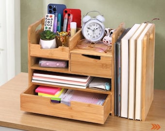 Bamboo Desk Organizer with File Holder, Mail Storage Drawer, 4 Tier Desktop Office Organizer