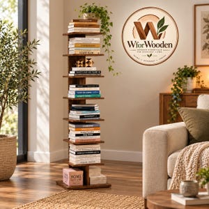 May include: A tall, vertical wooden bookshelf with multiple staggered shelves holding various books and a small plant on top. The unit features a dark brown finish and a circular logo on the wall above reading W for Wooden, Wooden Essentials.