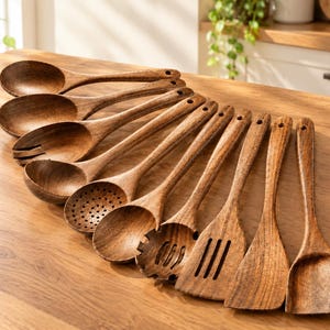 May include: A set of nine dark brown wooden kitchen utensils arranged in a fan shape. The collection includes various spoons, a slotted spoon, a pasta fork, a flat spatula, and a turner, all featuring a visible natural wood grain texture.