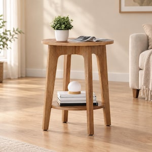 May include: A round wooden side table with four tapered legs and a lower shelf. The top surface holds a small potted green plant and an open book. The lower shelf features a stack of books topped with a small, spherical white lamp.