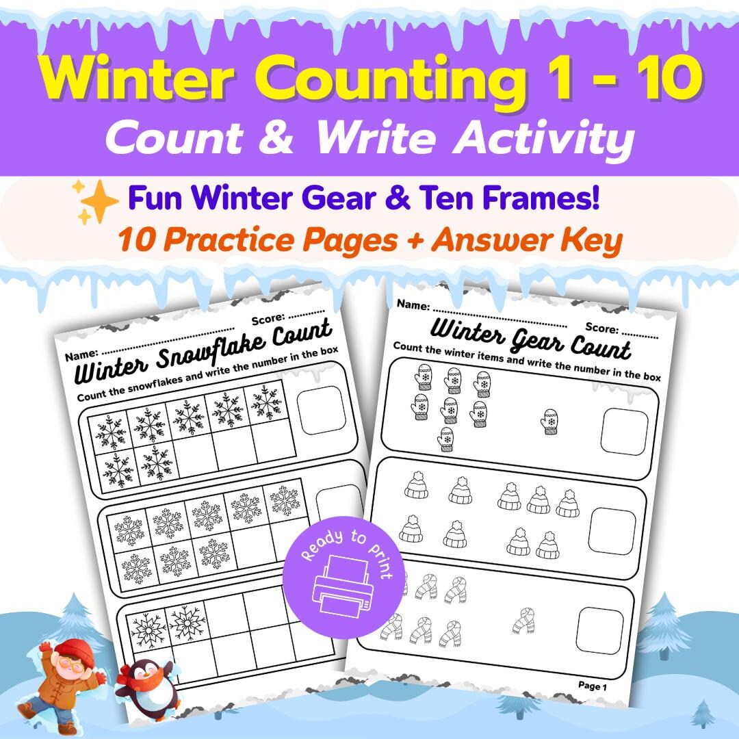 Winter Counting 1-10 Worksheets, Kindergarten Math Ten Frames, Prek ...