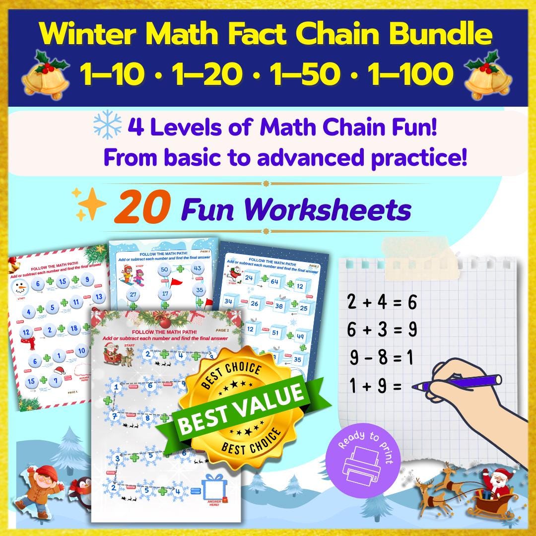 Fact Chain Winter Math Fact Chain Bundle | Number Practice Worksheets | Addition ...