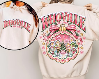 Preppy-Weihnachts-PNG, Whoville-Weihnachtsdesign, Pinke Weihnachtsfiguren-PNG, Vorder- und Rückseiten-Shirt-Design, Retro-Weihnachts-Sublimationsdatei