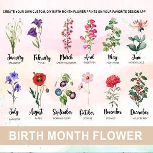 Retro Birth Month Flower PNG Bundle, Antique Floral PNG bundle, DIY Birth Month Flower Print Creator Kit, Flower Graphic, Botanical Clipart