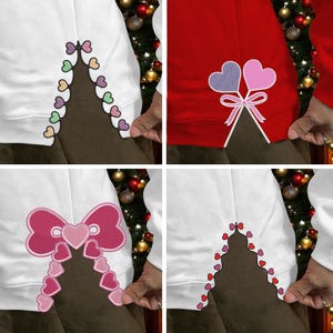 May include: A collage of four sweatshirts, each featuring a unique heart-themed design. The designs include heart-shaped lollipops, bows, and heart-lined borders in various colors, perfect for Valentine's Day or a romantic theme.