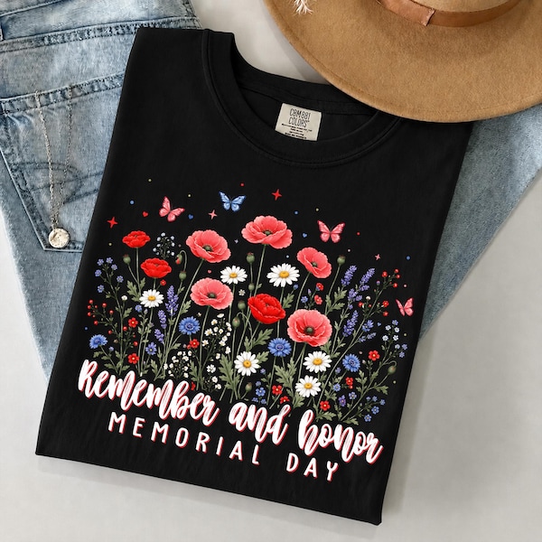 Remember and Honor Memorial Day PNG, Patriotic Wildflower PNG, Girly Preppy America Floral Sublimation Design, Independence Day
