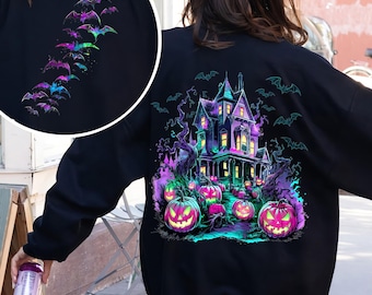 Halloween espeluznante PNG, imágenes prediseñadas de murciélagos de neón, casa embrujada con calabazas, sublimación que brilla en la oscuridad, descarga digital de escena gótica espeluznante