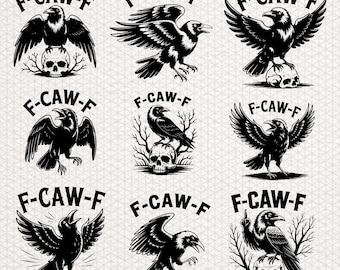 F-CAW-F カラス SVG PNG バンドル、面白いカラスの頭蓋骨のデジタルダウンロード、ゴシックハロウィンバードのダークユーモア昇華デザイン、不気味なシャツのクリップアート