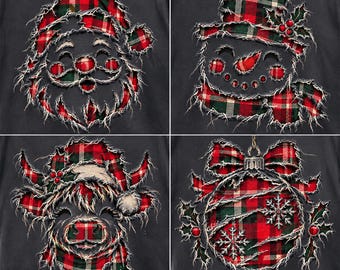 Kariertes Weihnachts-Bundle (PNG), Zerrissener Weihnachtsmann, Schneemann, Kuh-Ornament (PNG), Weihnachtsmotiv-Bundle, Tartan-Weihnachtshemd-Design, Digitale Weihnachtsdatei