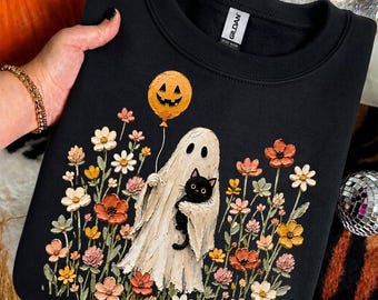 Gato fantasma de Halloween PNG, Lindo diseño floral de fantasma, Camiseta de Halloween de boutique, Temporada espeluznante femenina, Gato negro por sublimación PNG