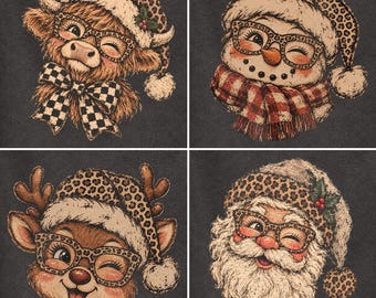 Leopard Christmas PNG bundle, Santa Highland Cow Reindeer Snowman PNG, Retro Christmas PNG, Merry Xmas Sublimation, Preppy Holiday