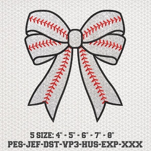 May include: Silver glitter baseball bow with red stitching. 5 sizes available: 4", 5", 6", 7", and 8". File formats: PES, JEF, DST, VP3, HUS, EXP, and XXX.