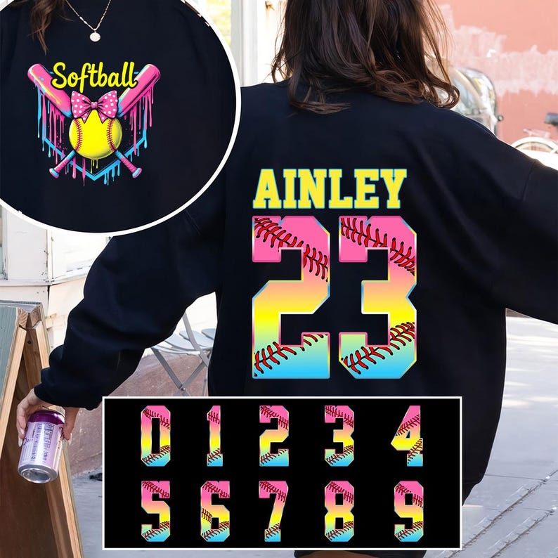 Nome e numero personalizzati per softball in formato PNG, maglietta da gioco dai colori vivaci, mascotte della squadra di softball stampata a sublimazione, download digitale personalizzato per mamma di softball immagine 2