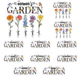 Puede incluir: Un diseño digital que presenta 10 arreglos florales diferentes con el texto "GARDEN" y un nombre o título personalizado sobre cada arreglo. Los nombres incluyen "mama's", "nanase", "nanny's", "momma's", "granny's", "mom's", "aunt's", "grammy's", "grandma's", "mimi's" y "gigi's".