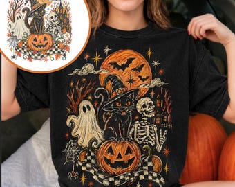 Vintage Halloween PNG, Retro-Collage aus schwarzer Katze, Geist, Skelett, Kürbis und Hexe, gruseliges Y2K-Halloween-Sublimationsdesign, Süßes oder Saures