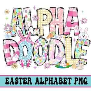 Pode incluir: Ilustração colorida com o texto "ALPHA DOODLE" adornado com motivos de Páscoa, como coelhinhos e ovos. O texto é delineado em preto sobre um fundo branco. Abaixo, uma faixa turquesa exibe "EASTER ALPHABET PNG".