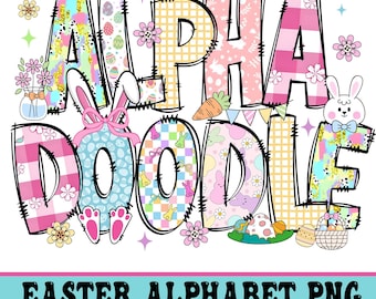 Cute Easter Alphabet PNG, Bunny Doodle Letters, Hand Drawn Easter Font Clipart, Sublimation Alphabet Set, Hand Drawn Doodle