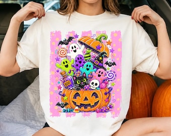 Fantasma Kawaii de Halloween PNG, Cubo de Calabaza Lindo, Temporada Espeluznante Femenina, Gato Negro de Halloween, Descarga Digital por Sublimación Boutique