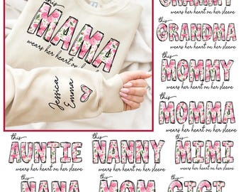 Custom Floral Mama Name Bundle PNG, Mother's Shirt Design, Personalized Kids Name Heart PNG, Watercolor Flower Mom Clipart, Gift For Mom