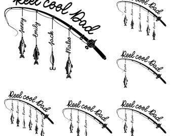 SVG "Reel Cool Dad", SVG personalizado para papá pescador, regalo de pesca para abuelo, papá pescador y nombre del niño, archivo de sublimación "Feliz Día del Padre"