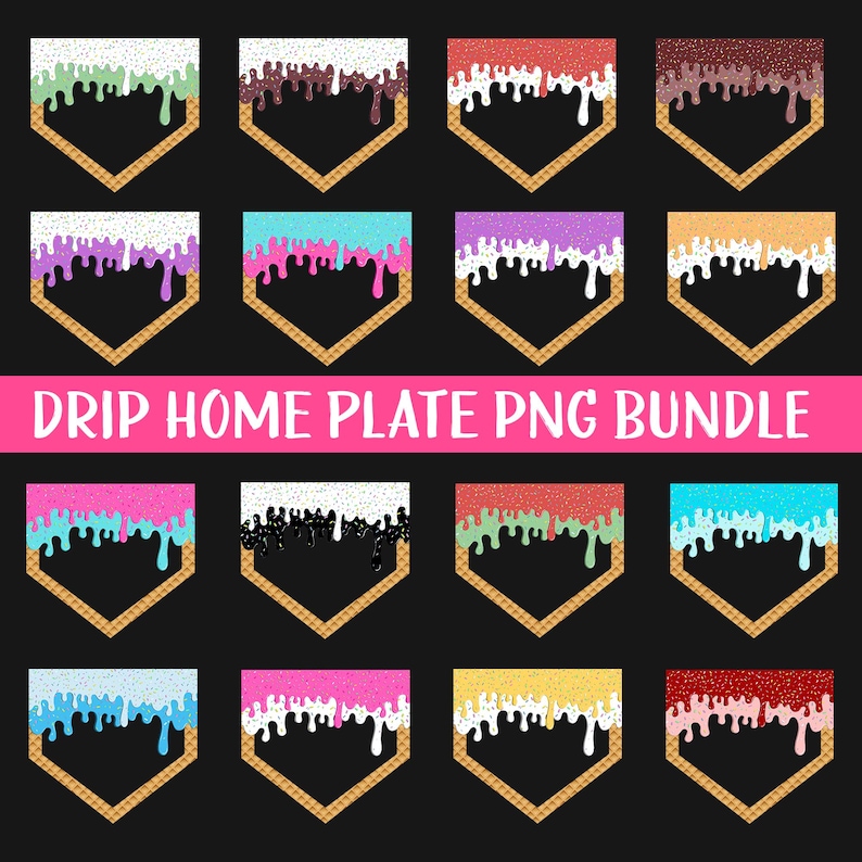 May include: A set of 12 digital clipart images of home plate with dripping ice cream. The home plate is a waffle cone shape with different colored ice cream drips. The colors include pink, blue, green, red, yellow, brown, white, and purple.