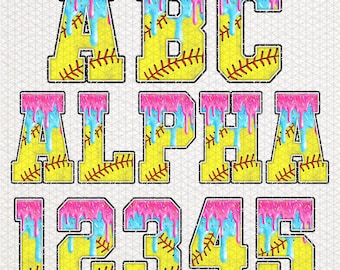 Softball Drip Alphabet PNG, Ice Cream Sports Letters, Softball Numbers Sublimation, Dripping Font Digital Download, Summer Team Design