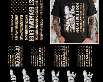 Paquete PNG de manos de papá y niño chocando los puños, PNG del Día del Padre, El mejor papá, abuelo, papá, papaw, diseño de sublimación de huella de mano con bandera de EE. UU. de camuflaje