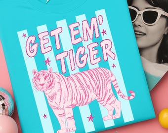 Get Em' Tiger PNG, Tiger Sublimation Design, Retro Shirt Design, Trendy Kid Design Women Pink Preppy Prep Print Summer Bay, Trending Stripes