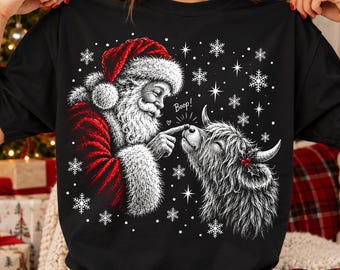 Vintage-Weihnachts-PNG, Santa Boop Highland Cow PNG, Retro-Weihnachts-Santa-Clipart, Lustiges Highland Cow Weihnachtsmotiv, Halbton-Digitaldatei