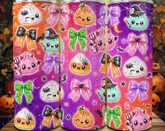 Vaso térmico de Halloween con diseño de dumplings de 20 oz, diseño de calabaza fantasma coqueta PNG, diseño kawaii de Halloween con purpurina, diseño de vaso térmico delgado sin costuras para sublimación.