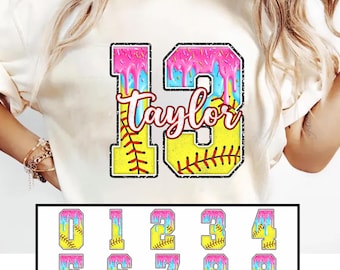 Ice Cream Drip Softball Numbers PNG, Colorful Melting Number Font, Custom Team Name & Jersey Design, Summer Sports Sublimation Clipart