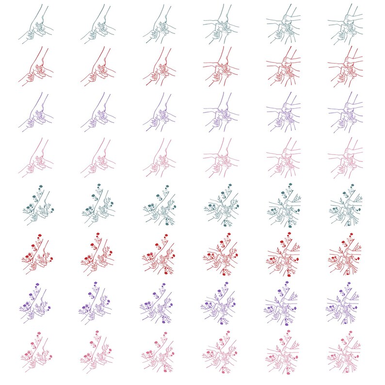 Op de afbeelding: Een raster van lijntekeningen met handen die bloemen vasthouden. De tekeningen zijn in verschillende kleuren, waaronder rood, blauw, groen en paars. De bloemen zijn ook in verschillende kleuren, tegen een witte achtergrond.
