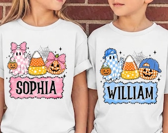 Personalisierte Halloween-PNG-Datei für Kinder, süßes Geister-Kürbis-Shirt-Design, Halloween-PNG-Datei für Jungen und Mädchen, rosa Schleife und blaue Kappe, gruselige Sublimationsdrucke