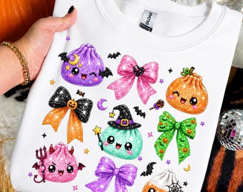 Paquete de imágenes PNG de Halloween estilo Kawaii, Dumplings de calabaza fantasma adorables, Lazos coquetos con purpurina, Diseño de camiseta de temporada espeluznante de boutique
